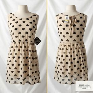 BeBop Beige Mini Dress with Black Heart Print Tie-Back